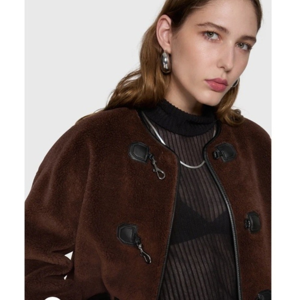 $268 Rebecca Minkoff Shearling Toggle Jacket Women's Large Chocolate Brown NWT‎ - Picture 2 of 8